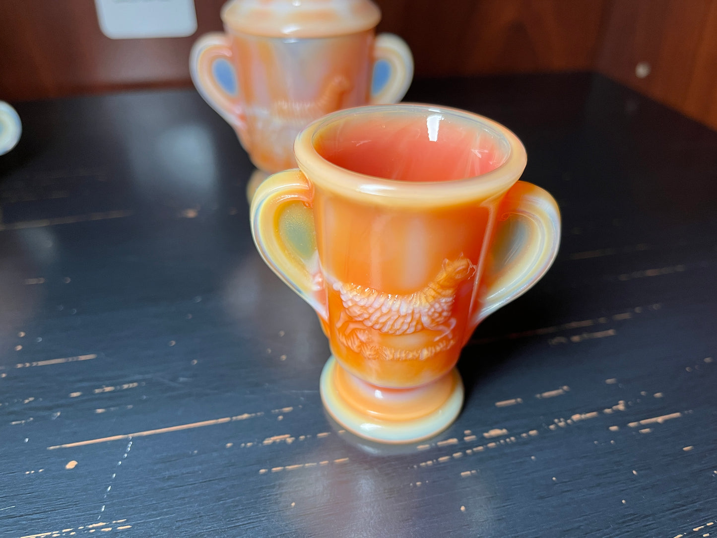 RARE Boyd Slag Glass Orange Lamb in Basket Tea Set - Full Set - Glows Under UV