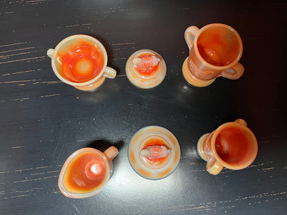 RARE Boyd Slag Glass Orange Lamb in Basket Tea Set - Full Set - Glows Under UV