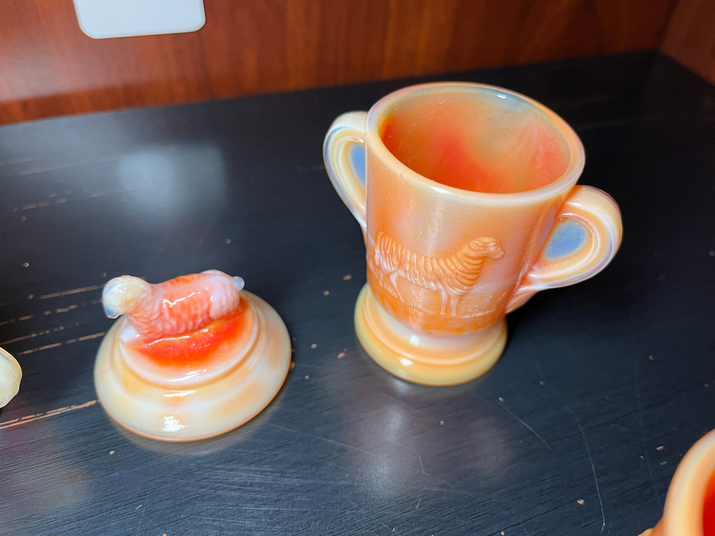 RARE Boyd Slag Glass Orange Lamb in Basket Tea Set - Full Set - Glows Under UV