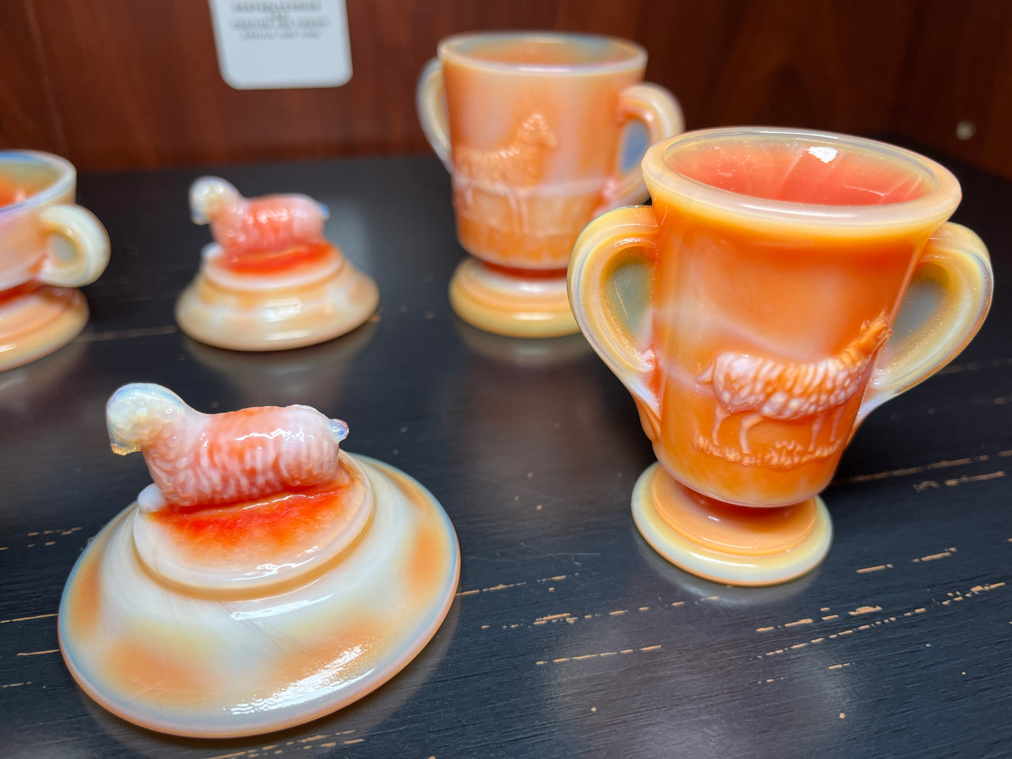 RARE Boyd Slag Glass Orange Lamb in Basket Tea Set - Full Set - Glows Under UV