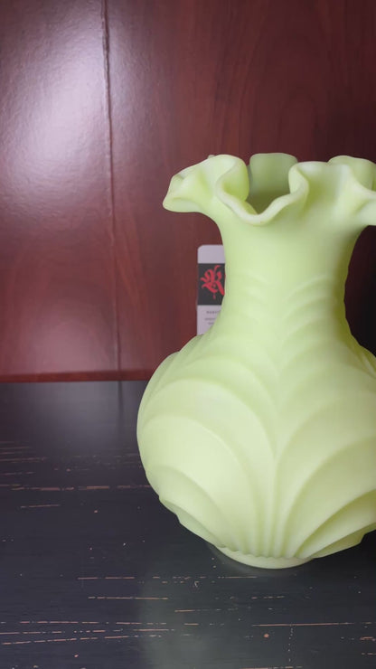 Fenton Custard Satin Glass Drapery Vase - Glows Under UV Light - 8 Inches