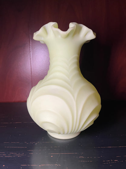 Fenton Custard Satin Glass Drapery Vase - Glows Under UV Light - 8 Inches