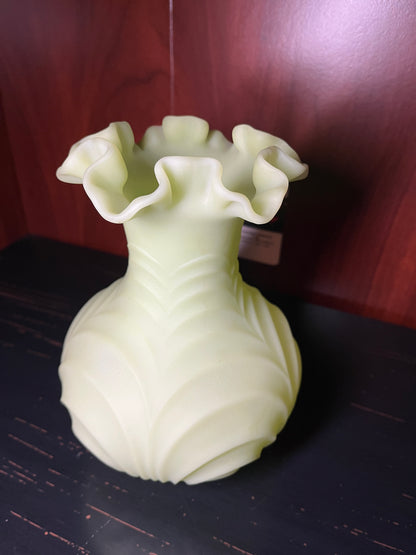 Fenton Custard Satin Glass Drapery Vase - Glows Under UV Light - 8 Inches