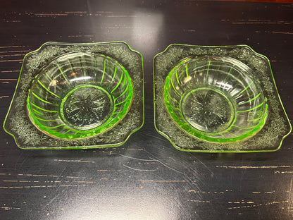 Vintage Uranium Glass Berry Dishes Set of 2 - Jeannette Glass Adam Pattern