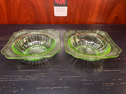 Vintage Uranium Glass Berry Dishes Set of 2 - Jeannette Glass Adam Pattern