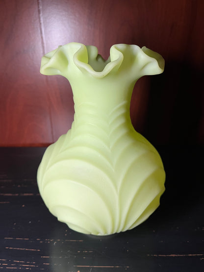 Fenton Custard Satin Glass Drapery Vase - Glows Under UV Light - 8 Inches